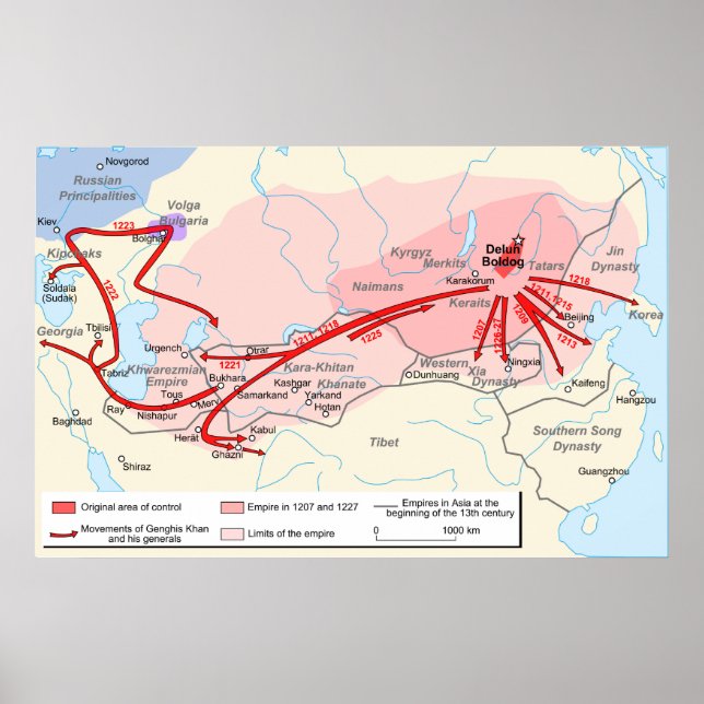 Map of Genghis Khan Empire in the 13th Century Poster (Front)