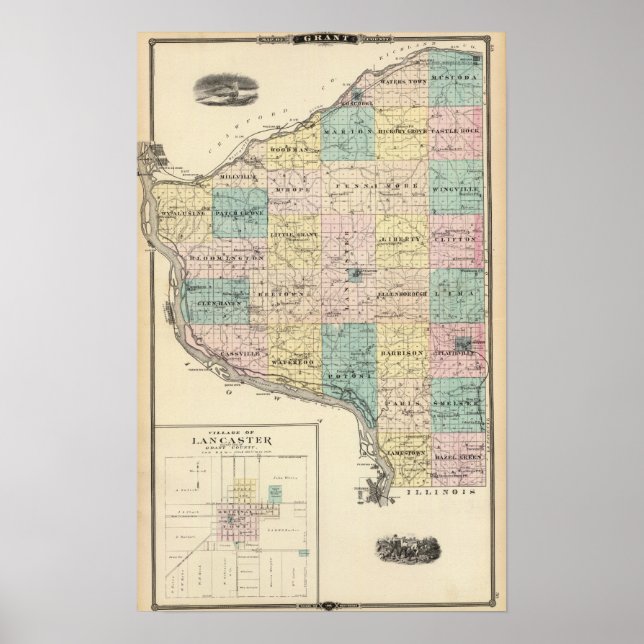 Map of Grant County and Village of Lancaster Poster (Front)
