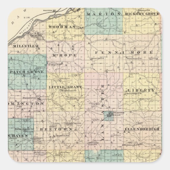 Map of Grant County and Village of Lancaster Square Sticker (Front)
