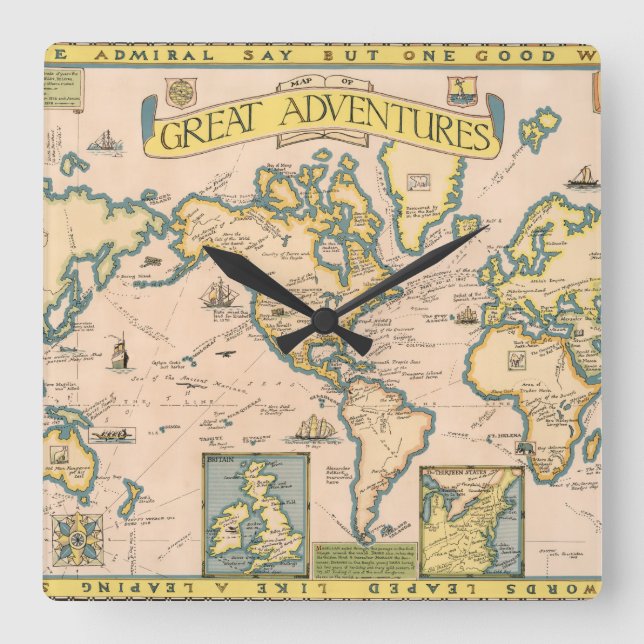 Map of Great Adventures Square Wall Clock (Front)