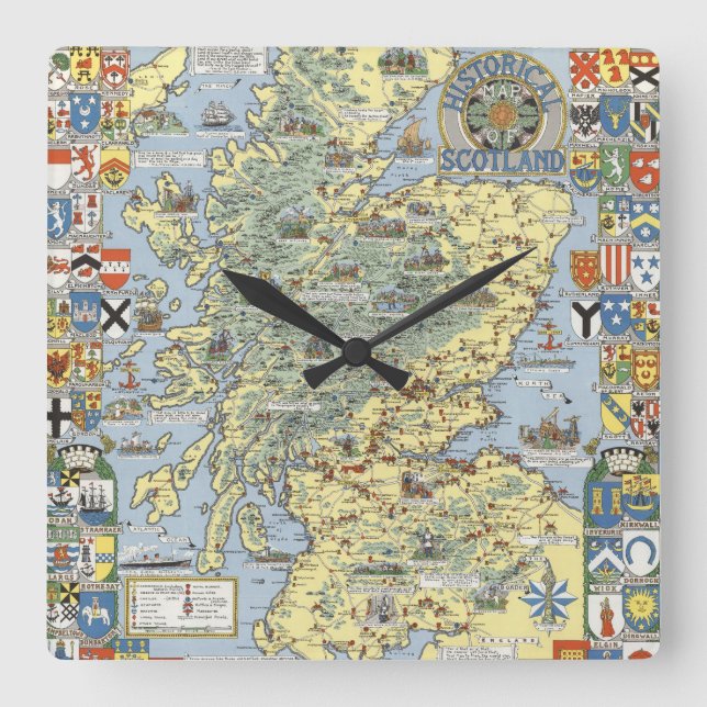 Map of Historical Scotland Square Wall Clock (Front)