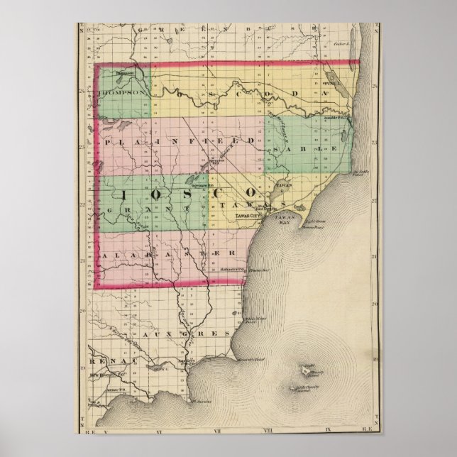 Map of Iosco County, Michigan Poster (Front)