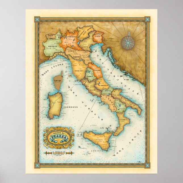 "Map of Italy" "Mappa de Italia" Poster (Front)