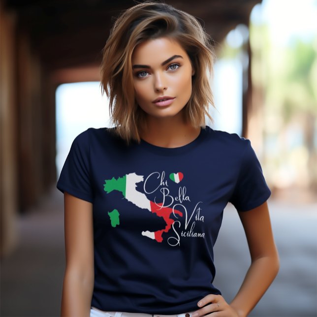 Map of Italy Sicilian Saying Elegant Script T-Shirt (Chi Bella Vita Siciliana (dialect for "What a Beautiful Sicilian Life") Navy Tee)