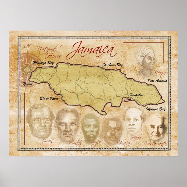 Map of Jamaica with National Heroes Poster (Front)