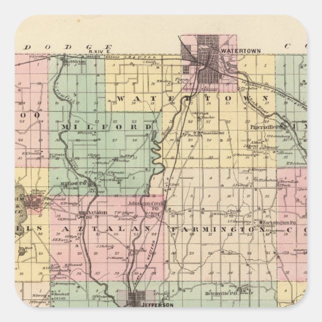 Map of Jefferson County, State of Wisconsin Square Sticker (Front)