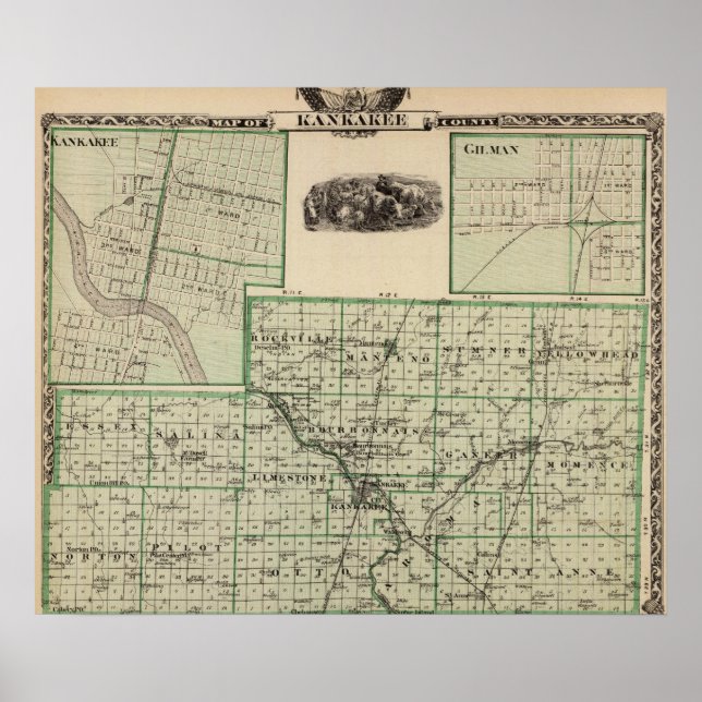 Map of Kankakee County, Kankakee and Gilman Poster (Front)