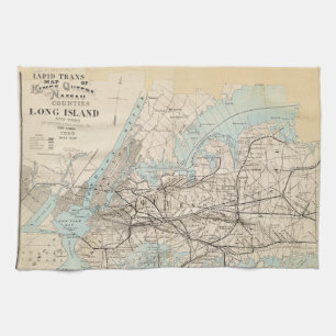 Map of Kings, Queens, Long Island Tea Towel