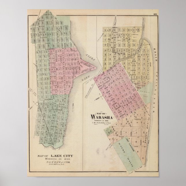 Map of Lake City, and Map of Wabasha, Minnesota Poster (Front)