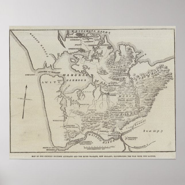 Map of land between Auckland & Waikato River Poster (Front)