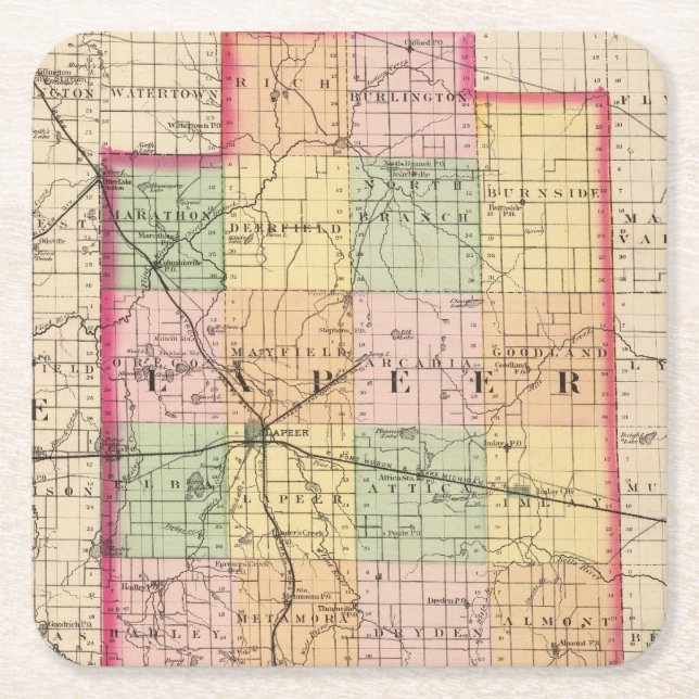 Map of Lapeer County, Michigan Square Paper Coaster (Front)
