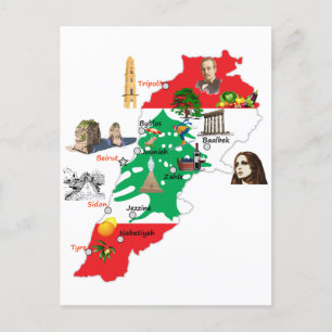 Map of Lebanon, major cities names Lebanese  Postcard