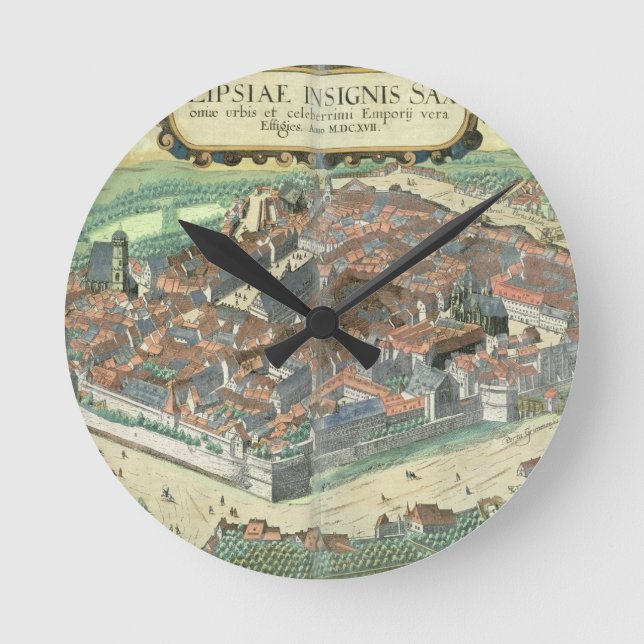 Map of Leipzig, from 'Civitates Orbis Terrarum' by Round Clock (Front)