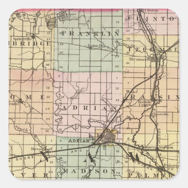Map of Lenawee County, Michigan Square Sticker (Front)