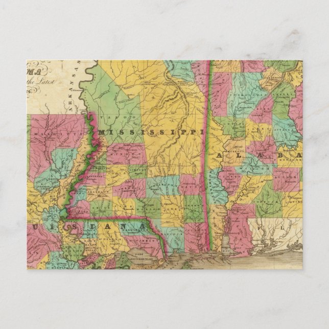 Map of Louisiana Mississippi And Alabama Postcard (Front)