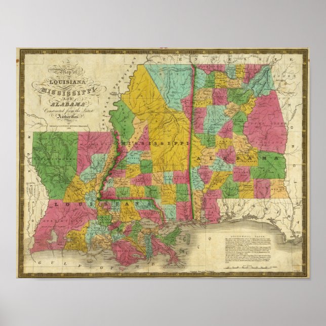 Map of Louisiana, Mississippi and Alabama Poster (Front)