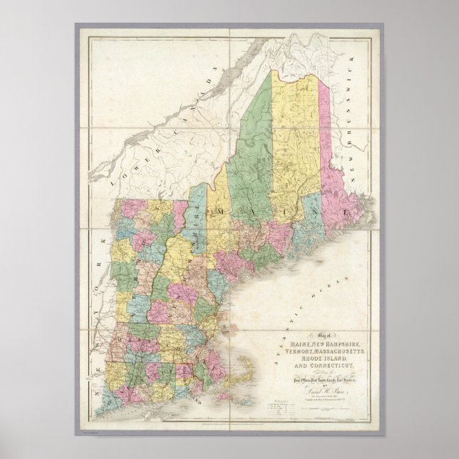 Map of Maine, New Hampshire, Vermont Poster (Front)