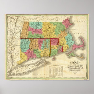 Map of Massachusetts Connecticut And Rhode Island Poster