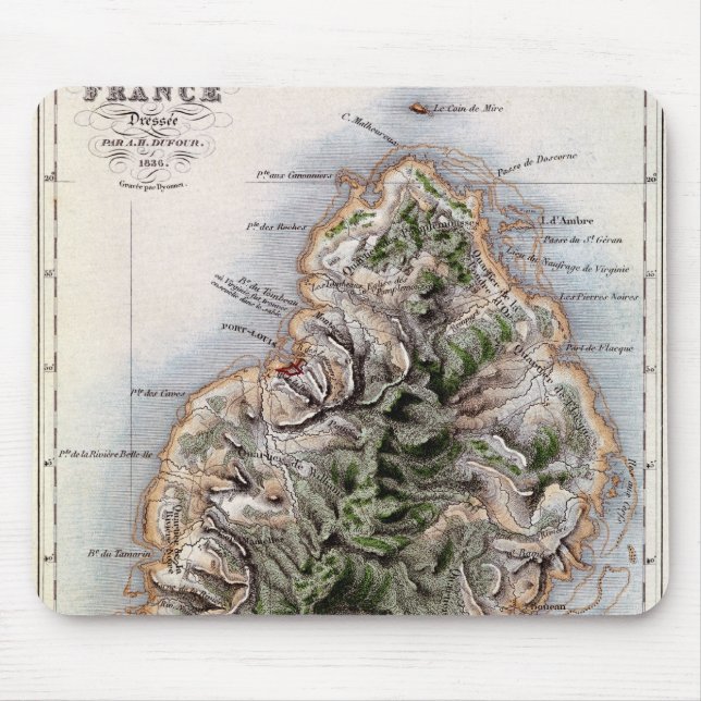 Map of Mauritius, illustration 'Paul et Virginie' Mouse Mat (Front)