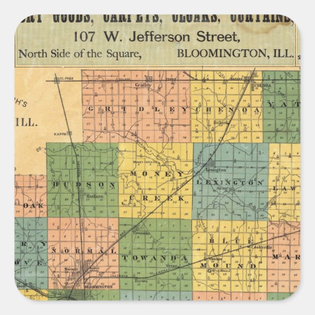 Map of McLean County, Illinois 1886 Square Sticker (Front)