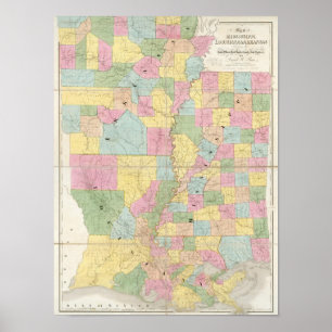 Map of Mississippi, Louisiana & Arkansas Poster