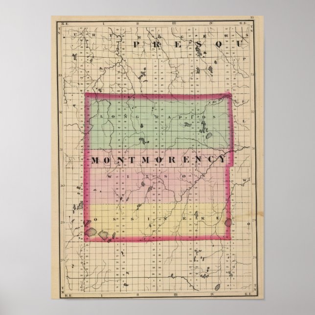 Map of Montmorency County, Michigan Poster (Front)