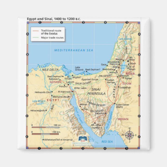 Map of Moses Exodus Egypt and Sinai 1400 to 1200 B Magnet (Front)