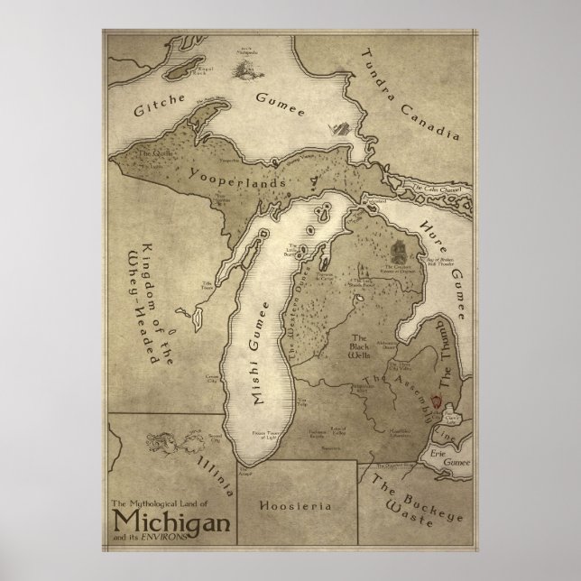 Map of Mythological Land of Michigan Poster (Front)