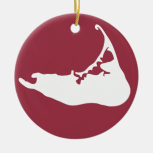 Map of Nantucket White and Cranberry Red Ceramic Tree Decoration