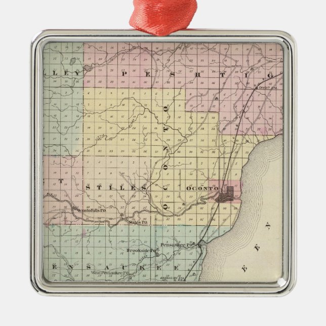 Map of Oconto County southern part Metal Tree Decoration (Front)