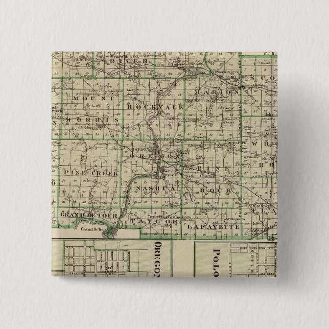 Map of Ogle County, Polo and Oregon 15 Cm Square Badge (Front)