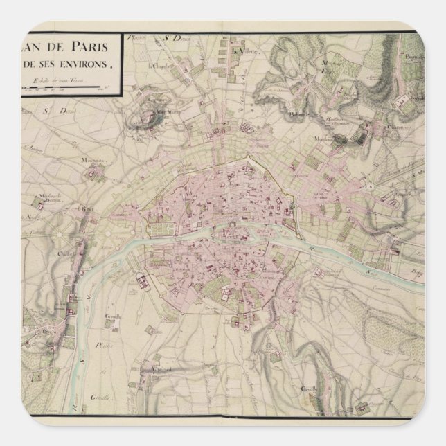 Map of Paris and its Surrounding Square Sticker (Front)
