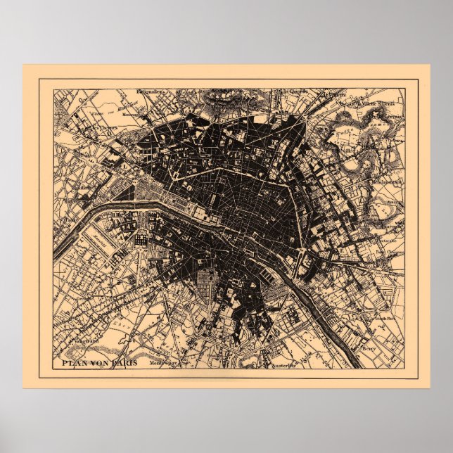Map of Paris France, circa 1890 - 1907 Poster (Front)