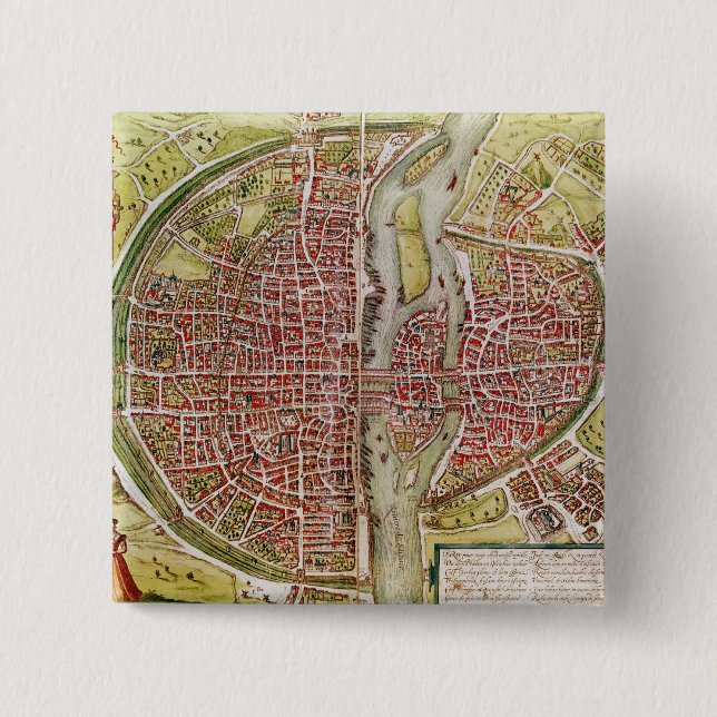 Map of Paris from 'Civitates orbis terrarrum' 15 Cm Square Badge (Front)