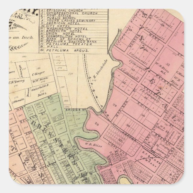Map of Petaluma City 1877 Square Sticker (Front)