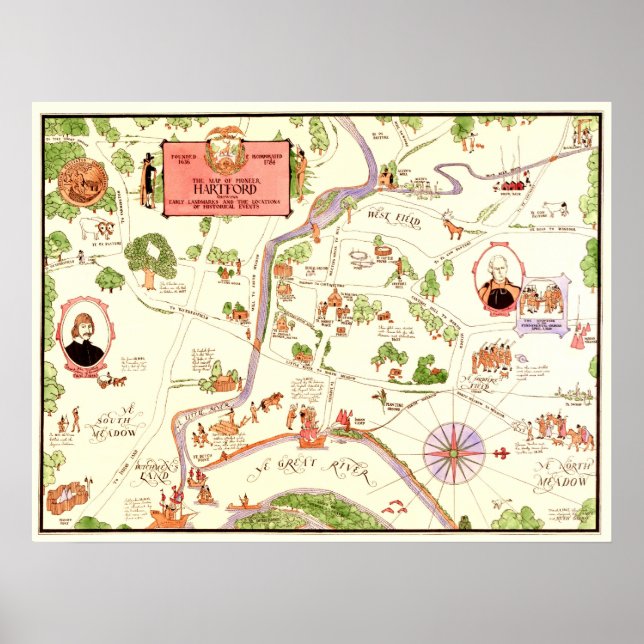 Map of pioneer Hartford, CT in the 1600's Poster (Front)