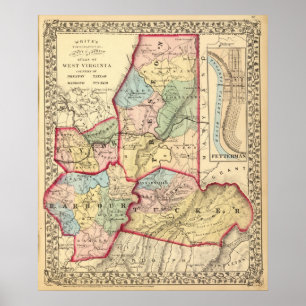Map of Preston, Taylor, Barbour, Tucker counties Poster