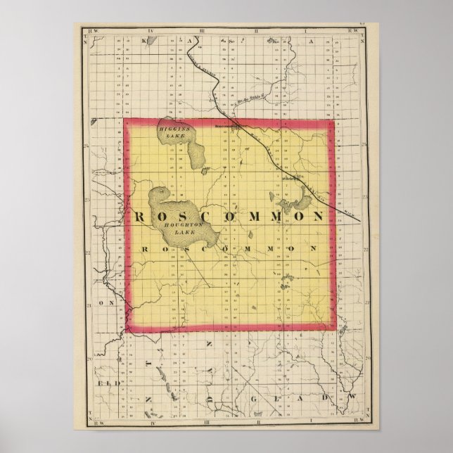 Map of Roscommon County, Michigan Poster (Front)