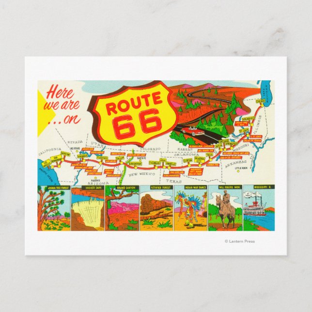 Map of Route 66 from Los Angeles to Chicago Postcard (Front)