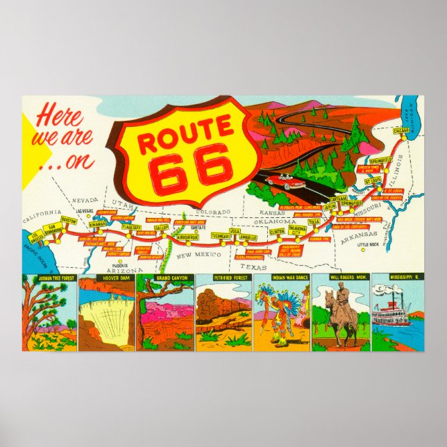 Map of Route 66 from Los Angeles to Chicago Poster (Front)