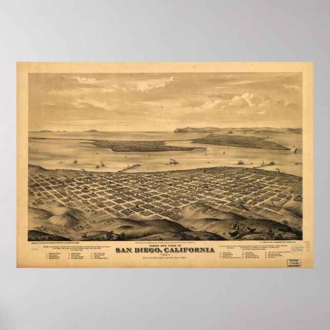 Map of San Diego, Birds-Eye View, 1880 Poster (Front)