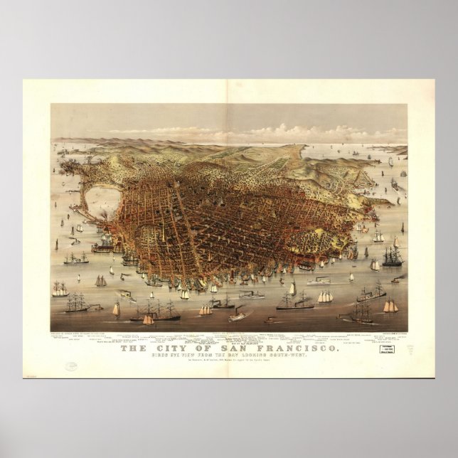 Map of San Francisco, Birds-Eye View, 1878 Poster (Front)