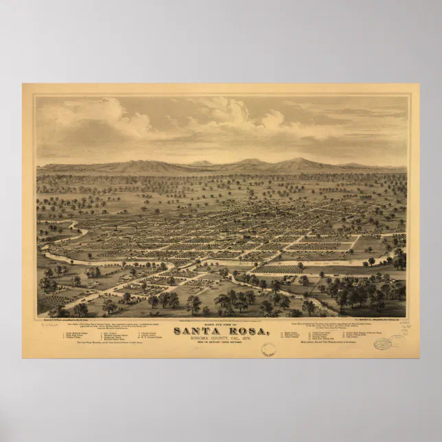 Map of Santa Rosa, Birds-Eye View, 1876 Poster | Zazzle