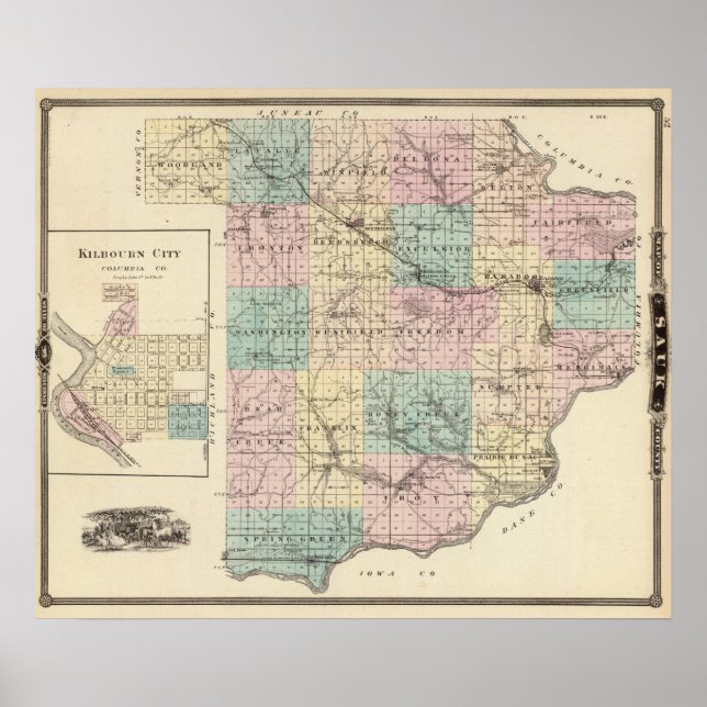 Map of Sauk County and Kilbourn City Poster (Front)