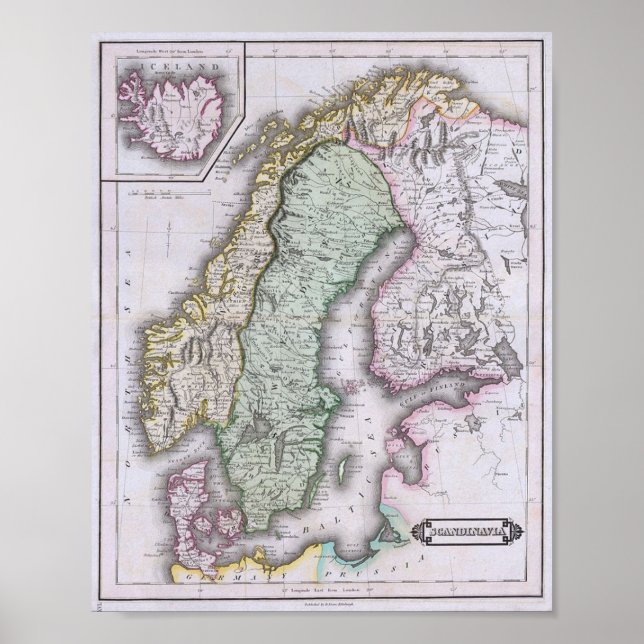 Map of Scandinavia, Norway, Sweden, Finland, etc. Poster (Front)