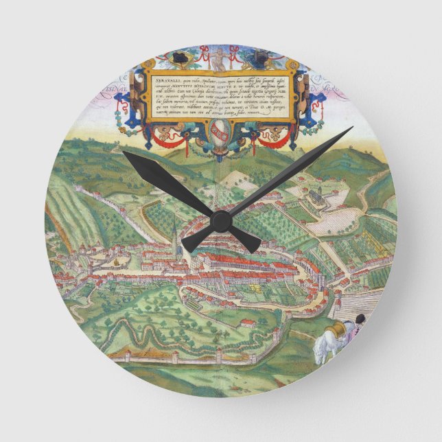 Map of Serravalle, from 'Civitates Orbis Terrarum' Round Clock (Front)