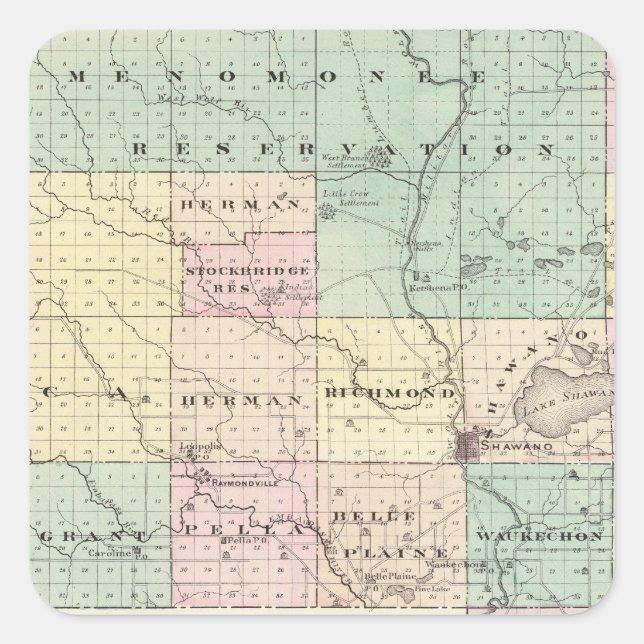 Map of Shawano County, State of Wisconsin Square Sticker (Front)