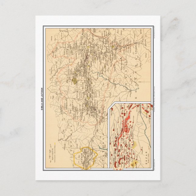 Map of Simla & Jutogh, British India. Postcard (Front)