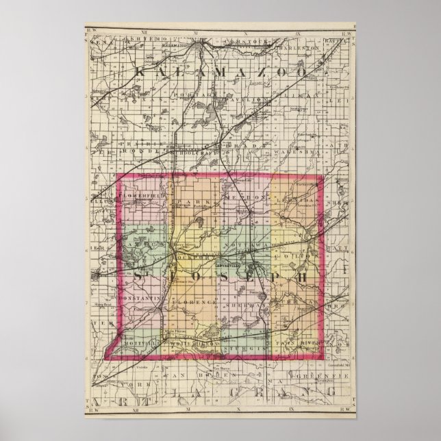Map of St Joseph County, Michigan Poster (Front)