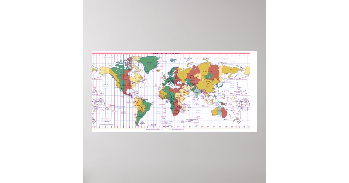 Map of Standard Times Zones of the World Poster Zazzle